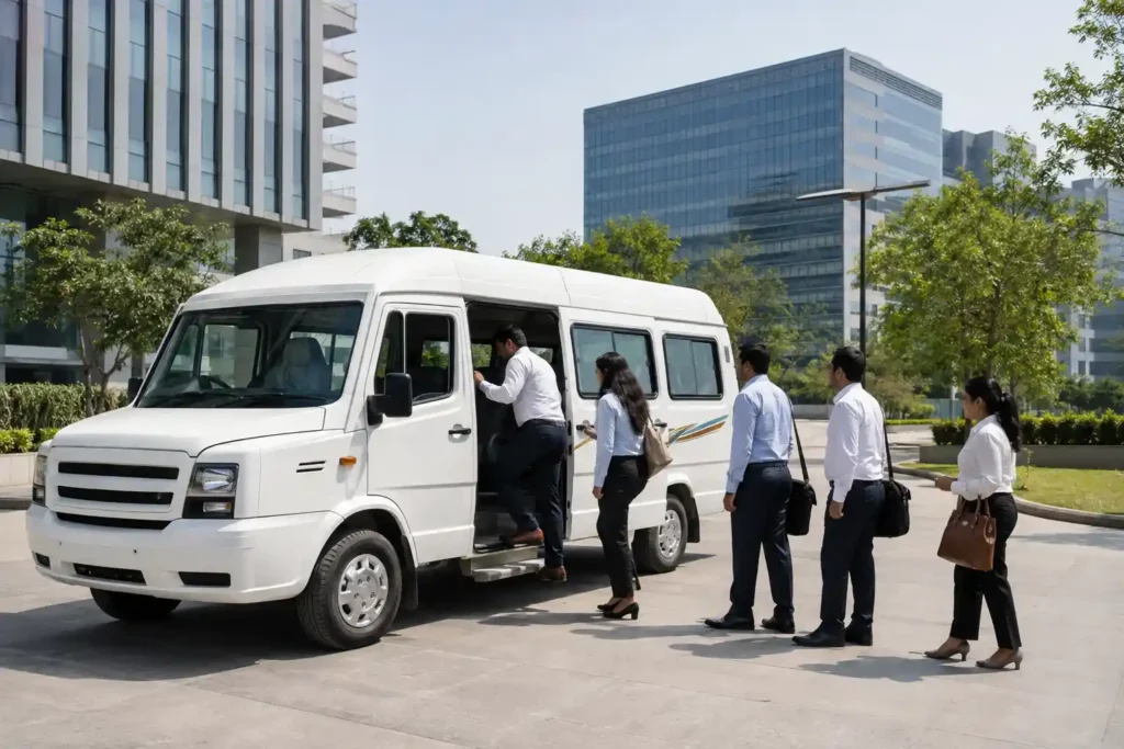 Office employees boarding a white Tempo Traveller in Delhi