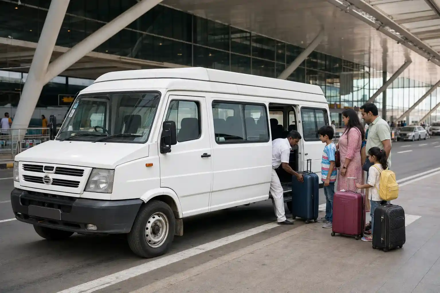 Family loading luggage into a white Tempo Traveller at Delhi Airport