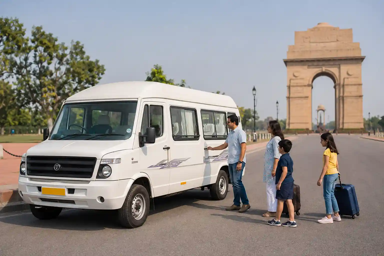Family boarding a white Tempo Traveller for Delhi sightseeing near India Gate