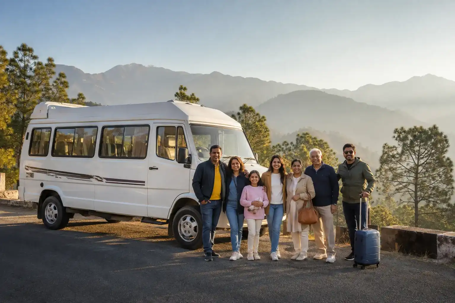 Indian family travelling in a white Tempo Traveller for a group holiday